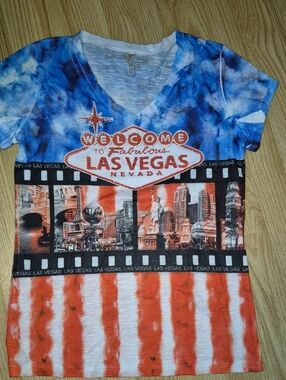 Womens Las Vegas V-Neck Tee - Blue & Red..bling On Front..size XL